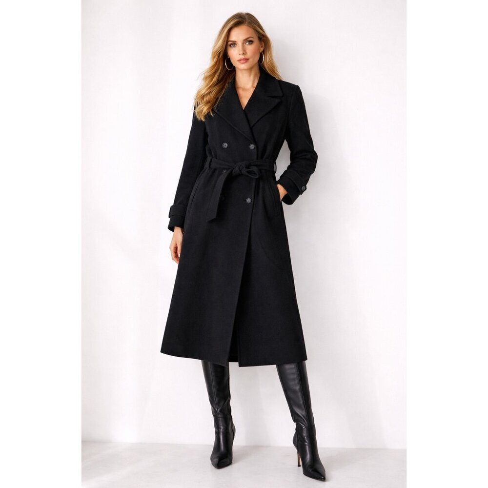 Donnybrook Black Wool Cashmere Long Coat Belted Double Breasted Women 16W Classi